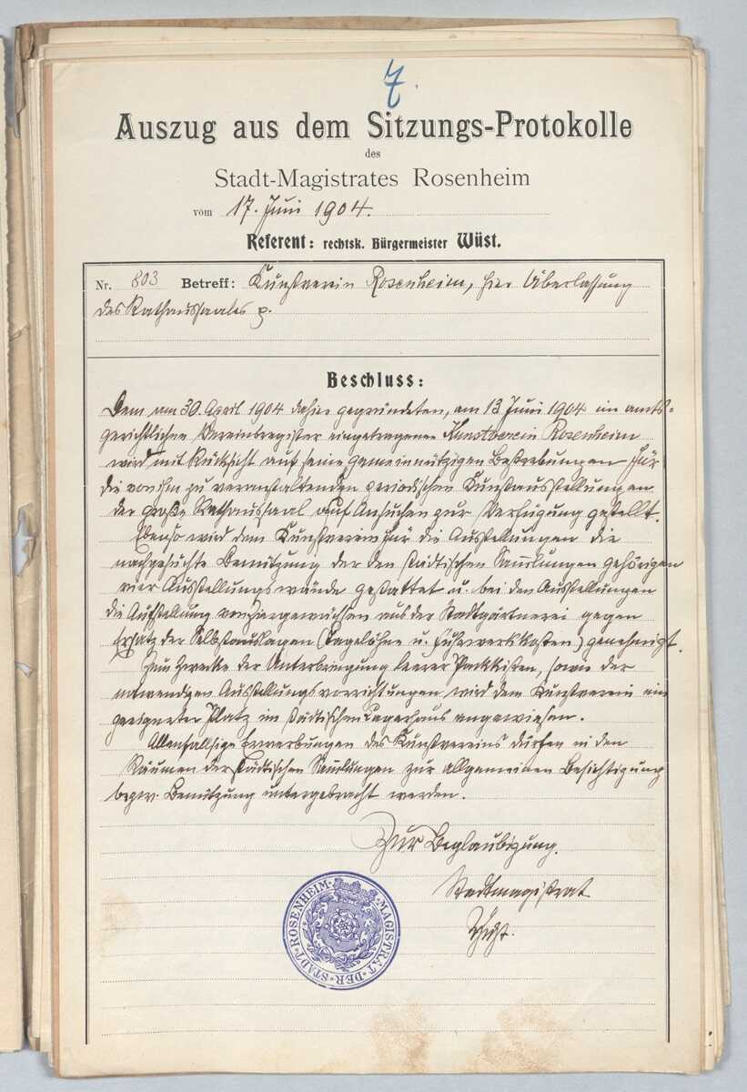 Gründungsmappe des Kunstvereins Rosenheim, Sitzungsprotokoll, 1904, Stadtarchiv Rosenheim 